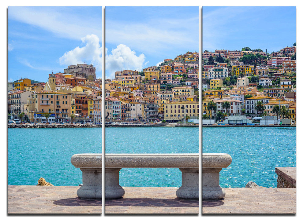 "Seafront Bench in Port Santo Stefano" Metal Wall Art, 3 Panels, 36"x28"