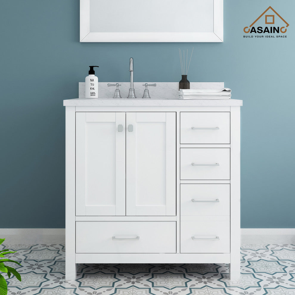 CASAINC 36" Single Sink Freestanding Marble Top Bathroom Vanity, White