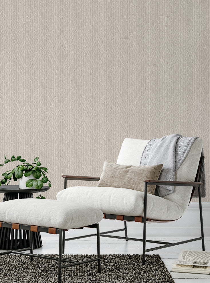 Woven Look Mixed Chevron Peel and Stick Vinyl Wallpaper, Warm Grey, 24"w X 108"h