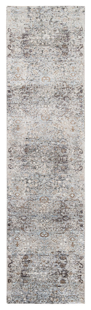 Gray, Hand Knotted, Modern, Silk with Textured Wool, Runner, Rug, 2'6" x 10'0"