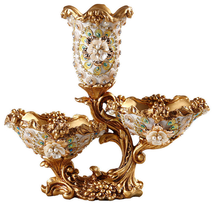 2 Tiered Gold & White Fruit Basket Plate With Vase Resin Snack Tray Decor, White/Gold