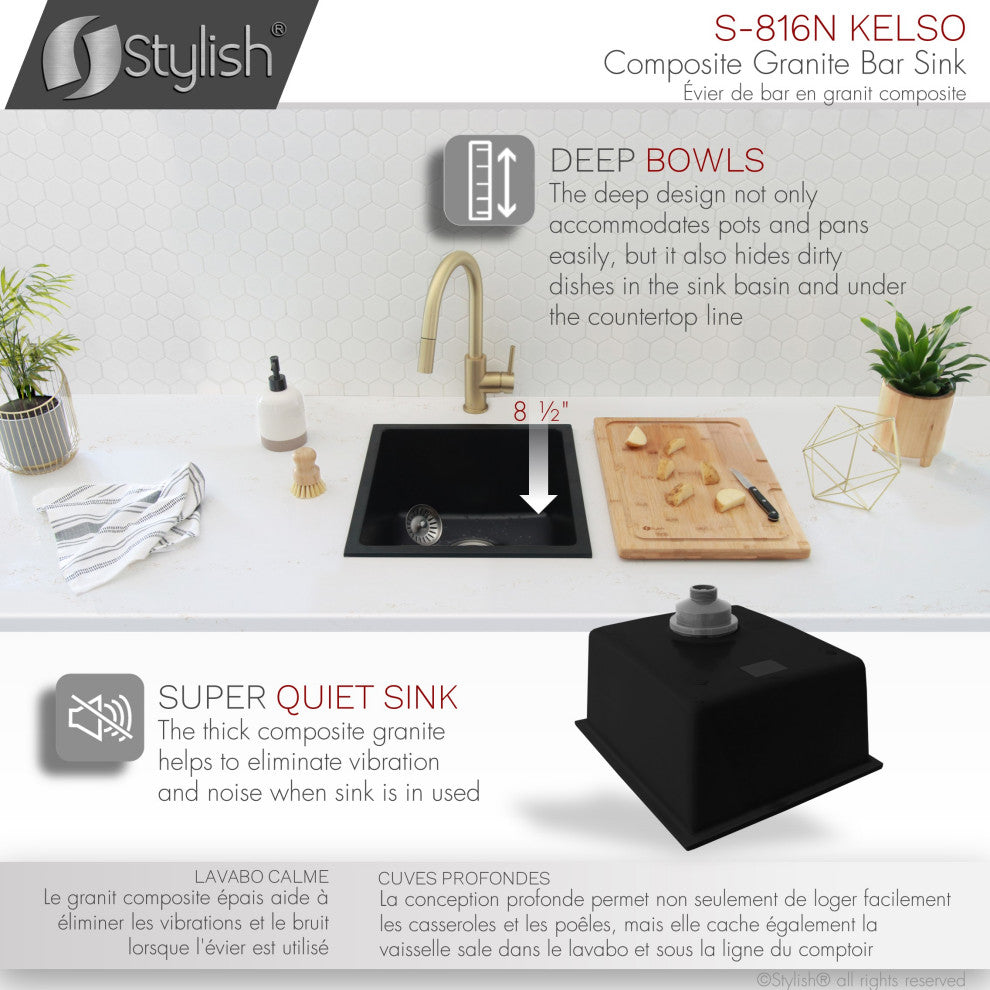 STYLISH 16"Dual Mount Single Bowl Black Granite Kitchen Sink