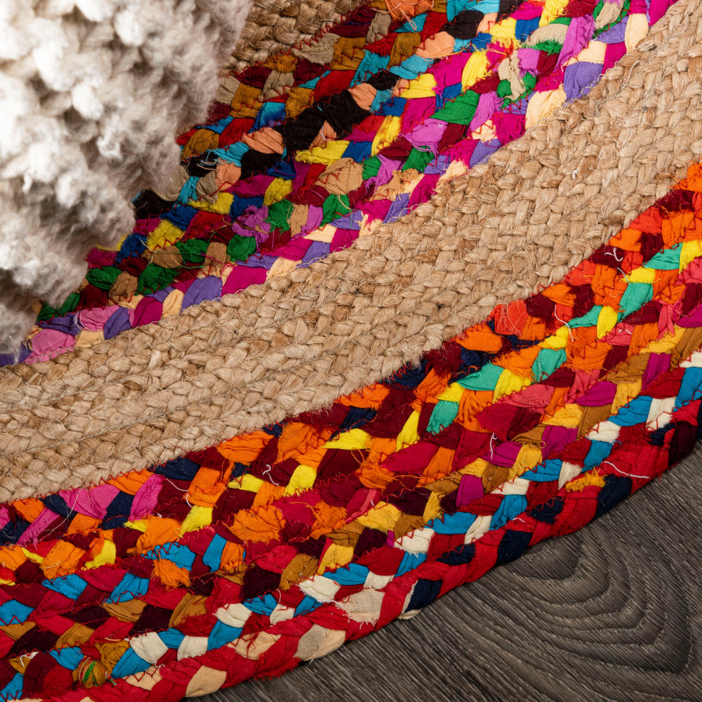 Isla Round Boho Braided Rag and Jute Multi/Natural 6' Round Area Rug