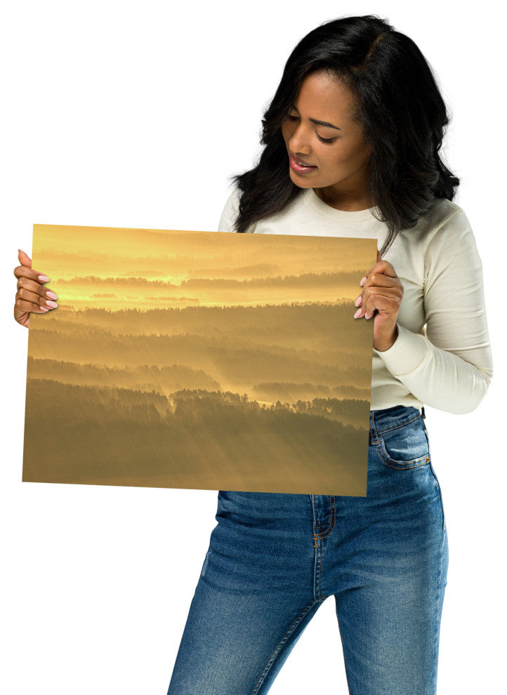 Golden Mist Valley - Hills & Mountain Range Landscape Wall Art Prints, 12" X 16"