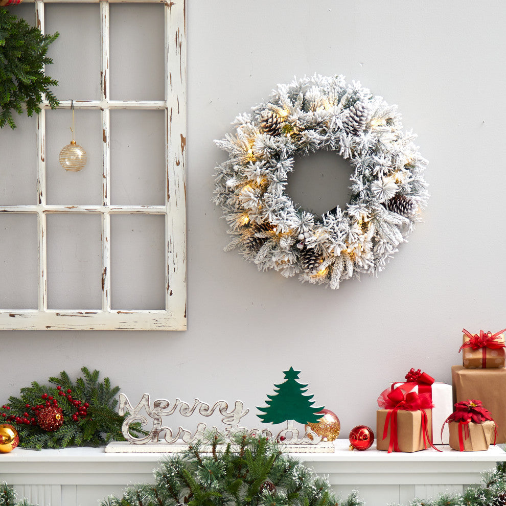 20" Flocked Artificial Christmas Wreath With 35 Warm White LED Lights