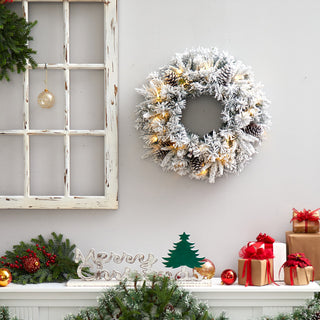 20" Flocked Artificial Christmas Wreath With 35 Warm White LED Lights