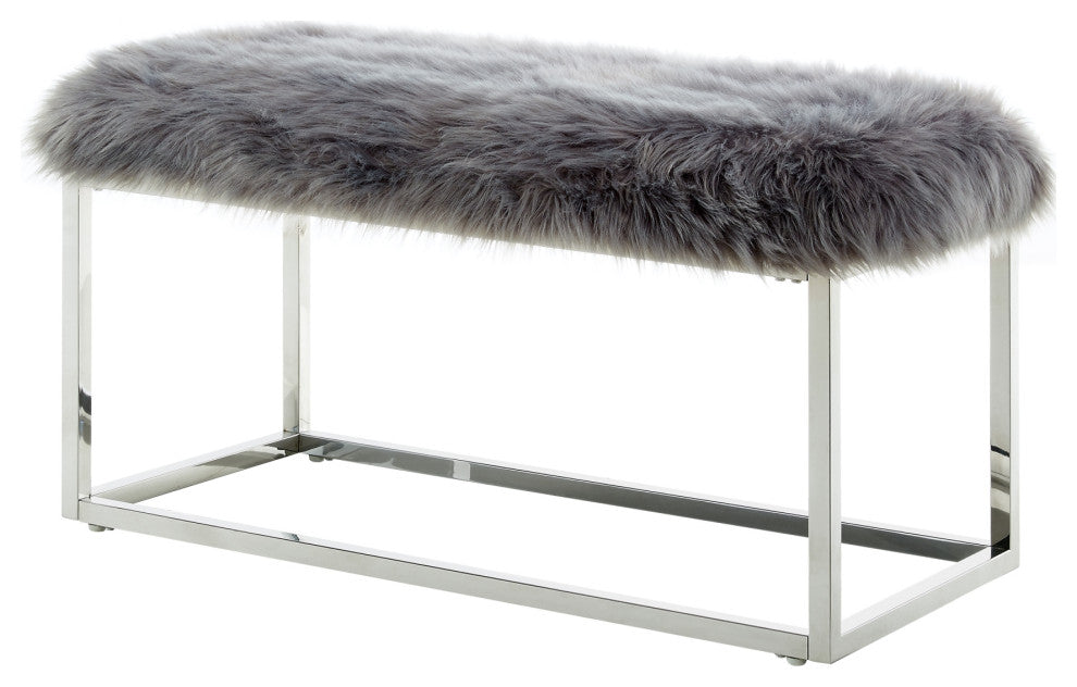 Astraea Faux Fur Metal Frame Ottoman Bench, Grey