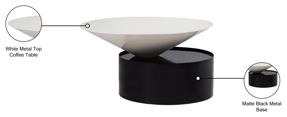 Damon White Metal Top Coffee Table, Matte Black Base