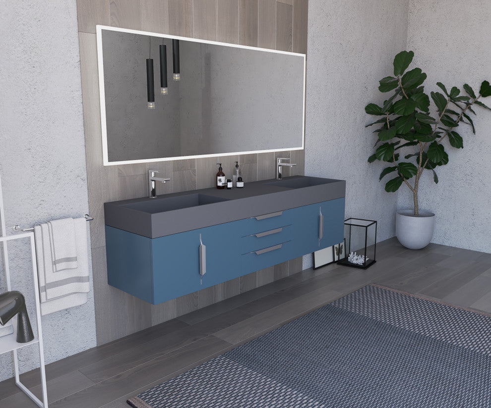 CastelloUSA Amazon 72" Wall Mounted Vanity Set, Blue, Gray Top, Chrome Handles