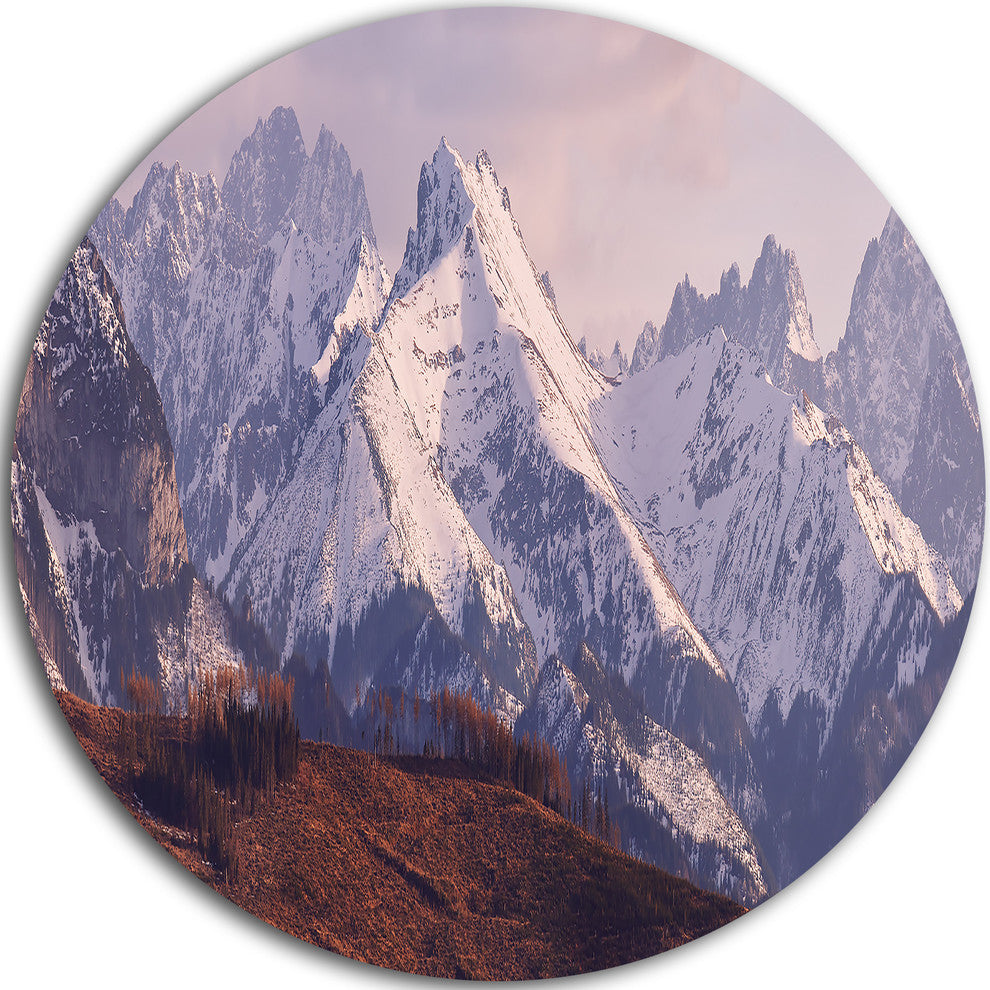 Snowy Tatra Mountains In Spring, Landscape Disc Metal Artwork, 36"