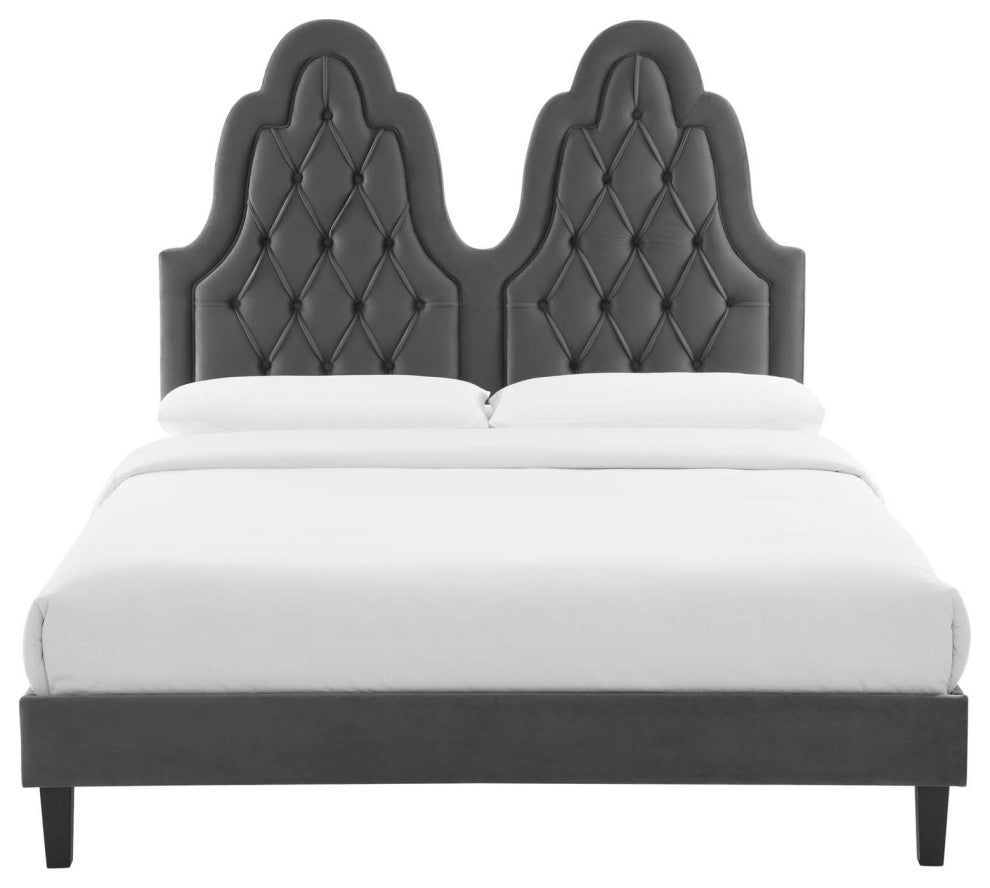 Tufted Platform Bed Frame, Twin Size, Velvet, Gray, Modern Contemporary