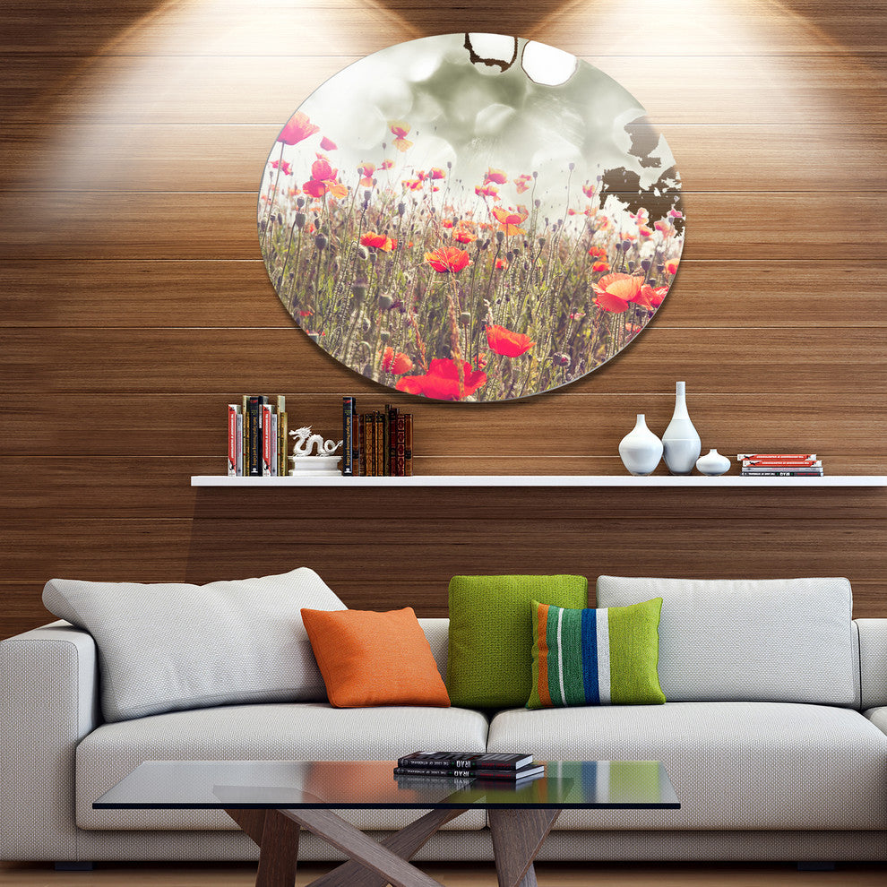 Red Poppy Flowers Meadow, Floral Large Disc Metal Wall Art, 23"