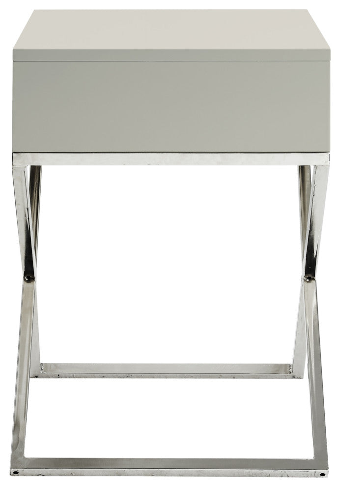 Katie Square Lacquer-Finish X-Metal Leg Nightstand, Light Grey Chrome