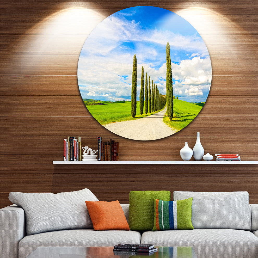White Road Through Cypress Trees, Landscape Round Metal Wall Art, 11"