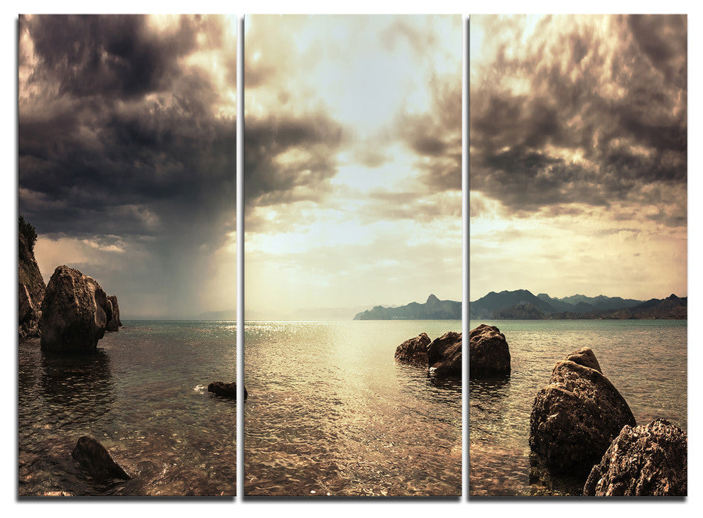 "Rocky Seashore Under Clouds Panorama" Beach Metal Wall Art, 3 Panels, 36"x28"