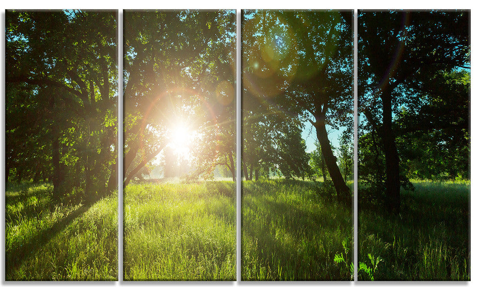 Sunny Day in Green Forest Meadow, Landscape Canvas Art, 48"x28", 4 Panels