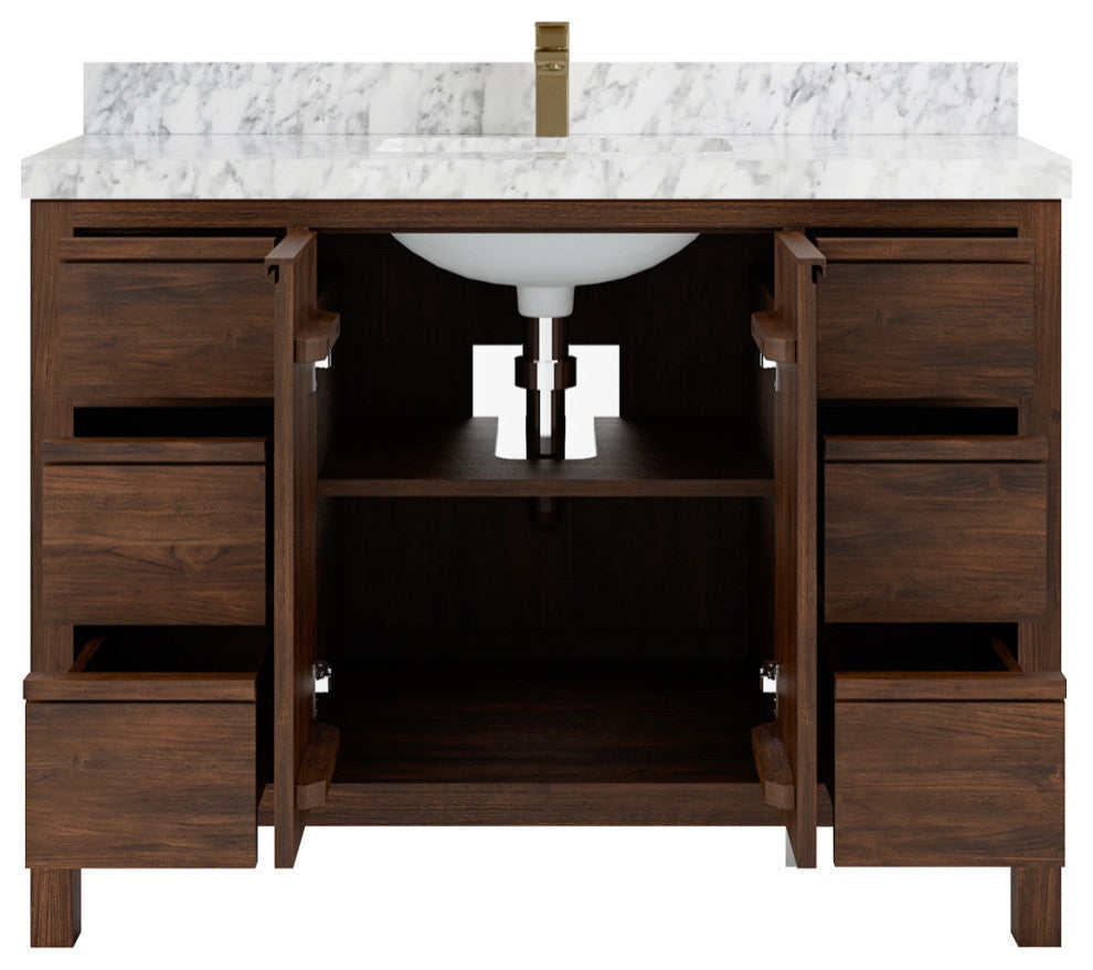 Elizabeth 48 Single Sink Bath Vanity in Dark Walnut Teak 2" Carrara Marble
