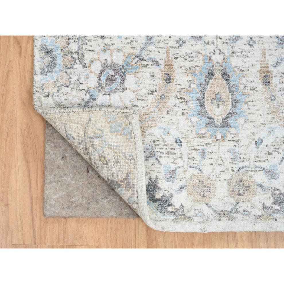 Ivory Silk With Wool Hand Knotted Sickle Leaf Design XL Runner Rug, 2'6"x18'1"