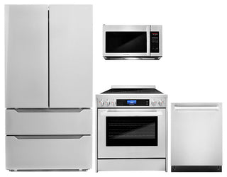 4-Piece, 30" Microwave, 30" Electric Range, Dishwasher and Refrigerator