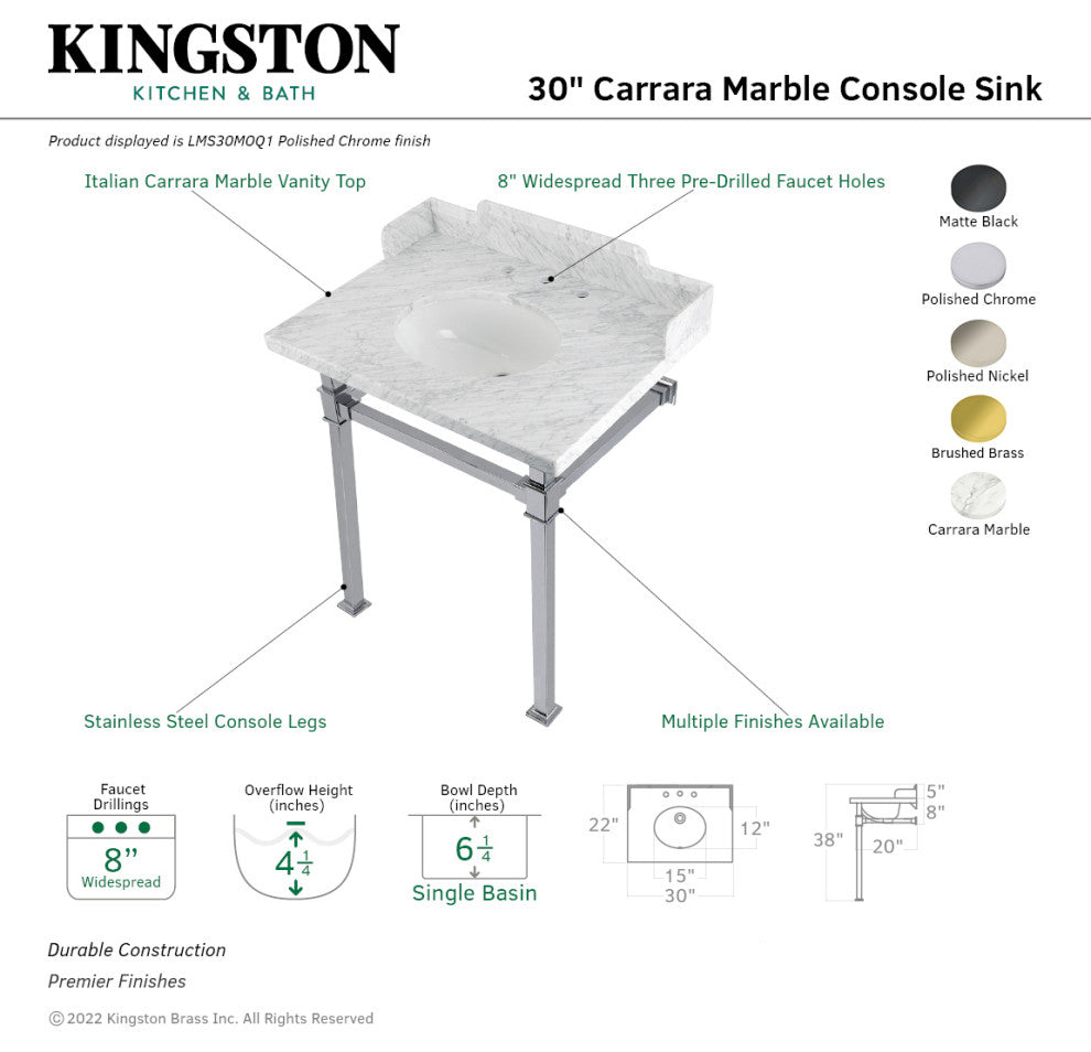 Kingston Brass LMS30MOQ6 30" Carrara Marble Console Sink, Legs