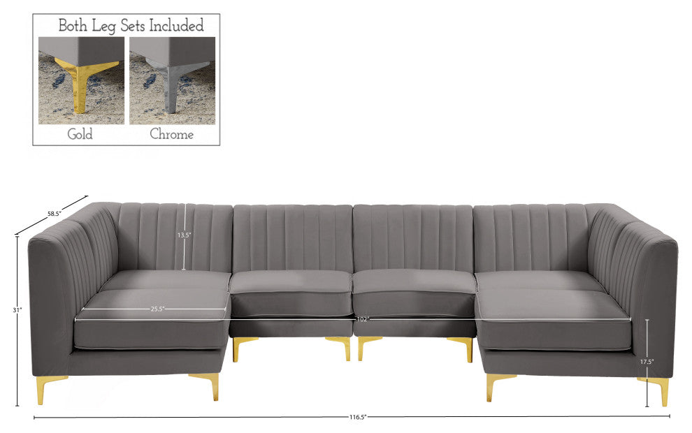 Alina Velvet Modular U-Shaped Sectional, Grey, 6-Piece: 4 Armless Chair, 2 Corner Chair