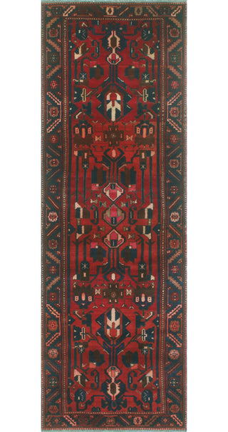 Fine Vintage Distressed Hafiza Navy/Red Runner, 3'5x10'3