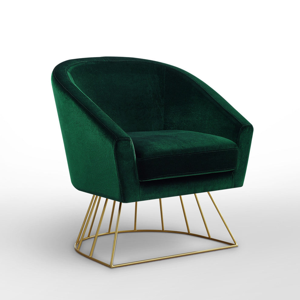 Alice Velvet Barrel Accent Chair With Metal Base, Green and Gold