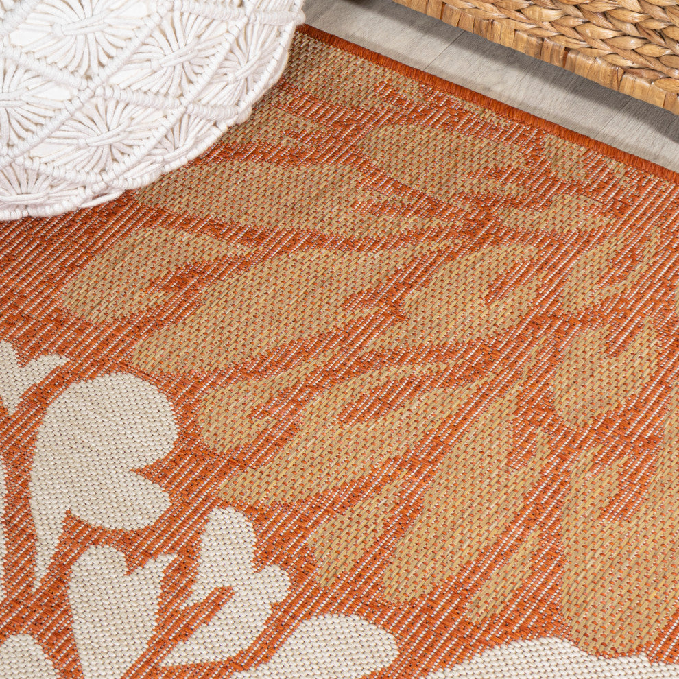 Zinnia Modern Floral Textured Weave Indoor/Outdoor, Orange/Cream, 2x10