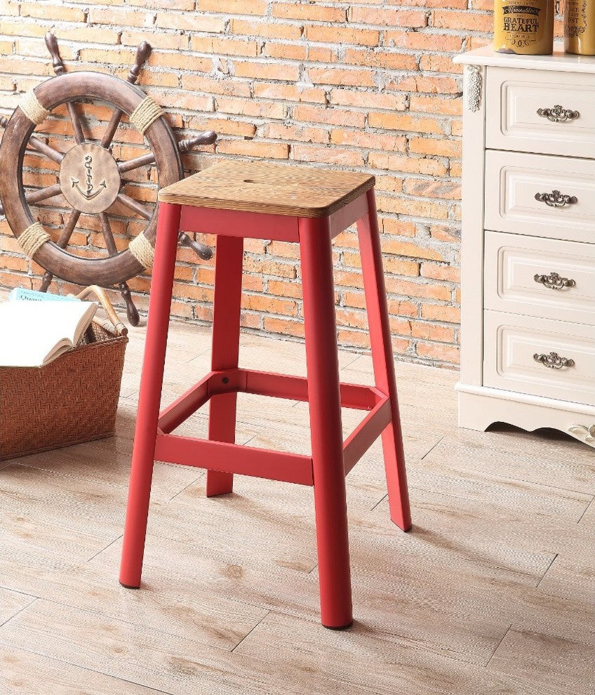 Benzara BM186911 Metal Frame and Wooden Bar Stool, Brown and Red