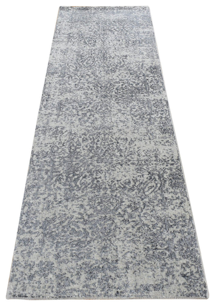 Thunder Gray Fine Jacquard Hand Loomed Wool and Silk Runner Rug, 2'5"x8'2"