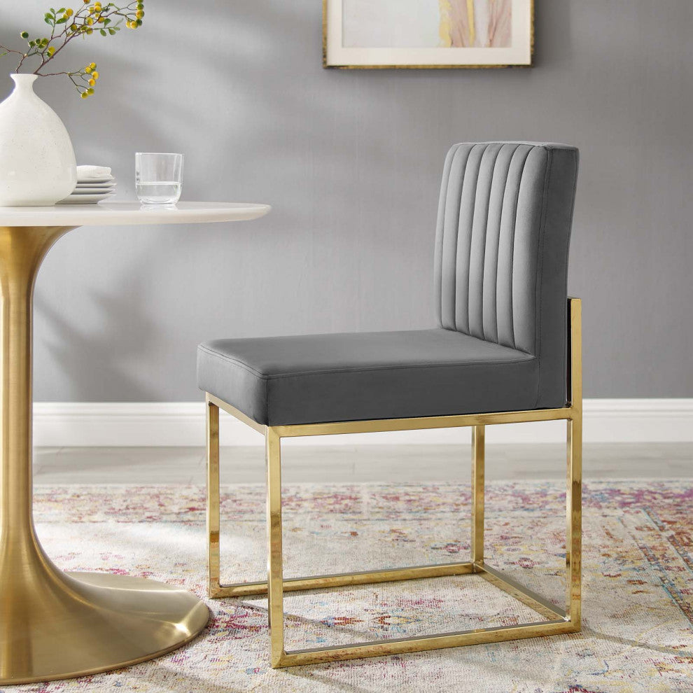 Tufted Side Dining Chair, Velvet, Metal, Gold Gray, Cafe Bistro Restaurant