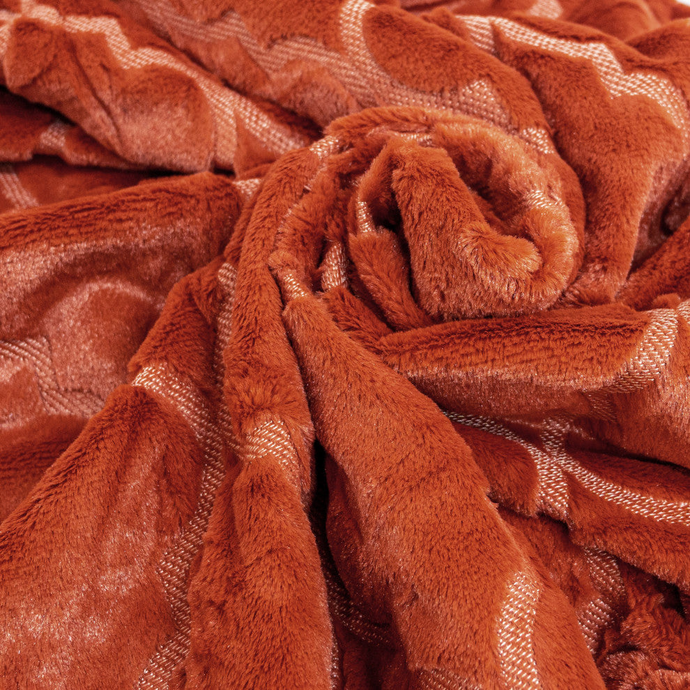 Ogee Tatami Faux Fur Throw Blanket and Pillow Shell Set, Burnt Orange