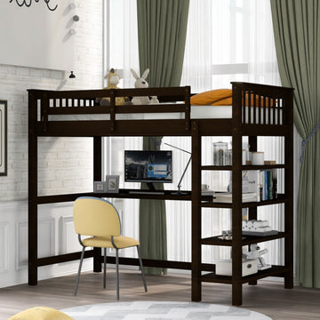 Espresso Twin Size Wood Loft Bed With Storage Shelves and Desk