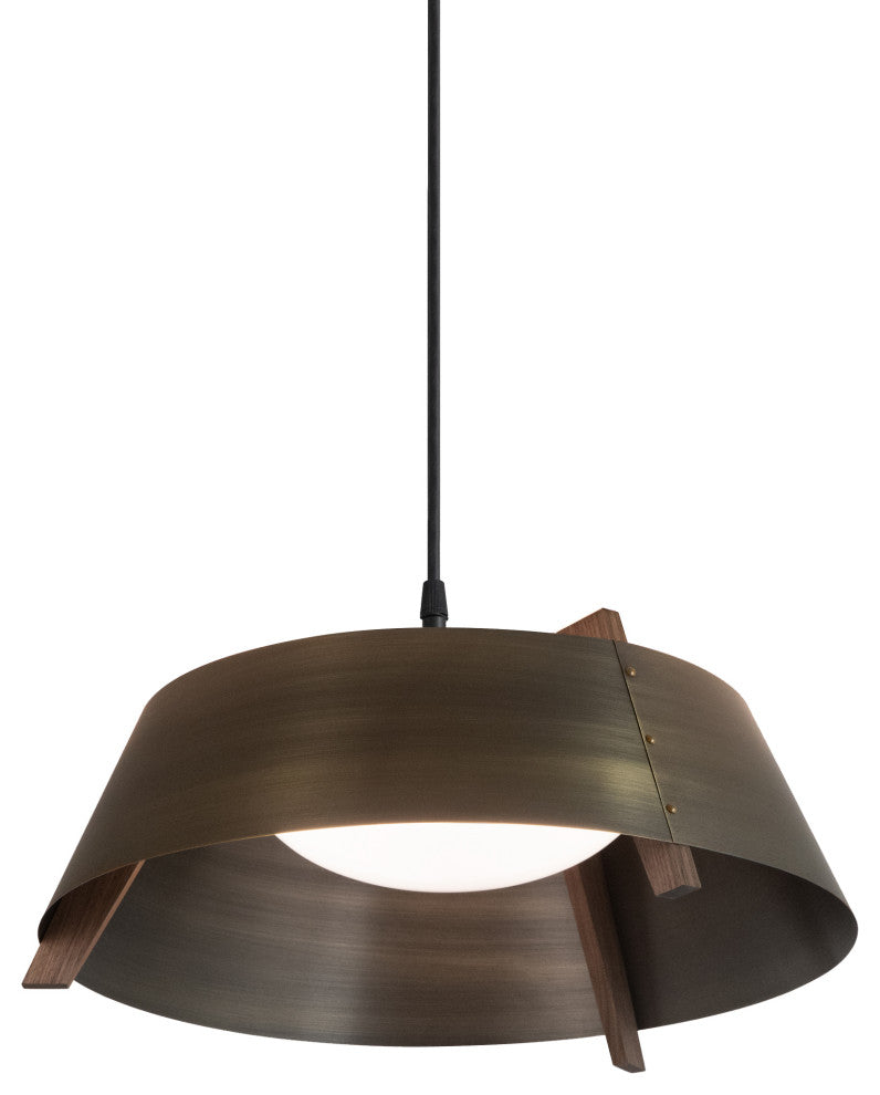 Casia 14" LED Pendant, Distressed Brass, Dark Stained Walnut, 2700k