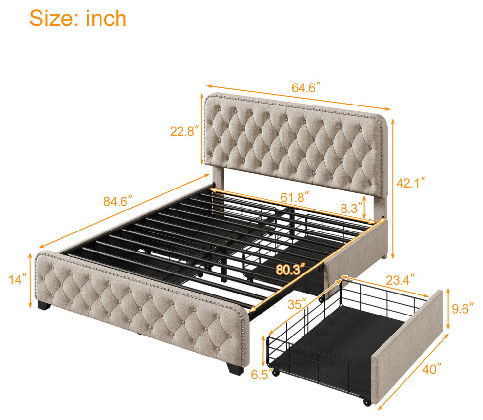 Metal Platform Bed with Headboard, Upholstered and 4-Drawer, Beige, 84.6" X 64.6"