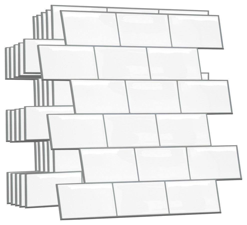 12"x6" Classic Brick Brilliant White Glossy 3D Tile Stickers, Set of 12