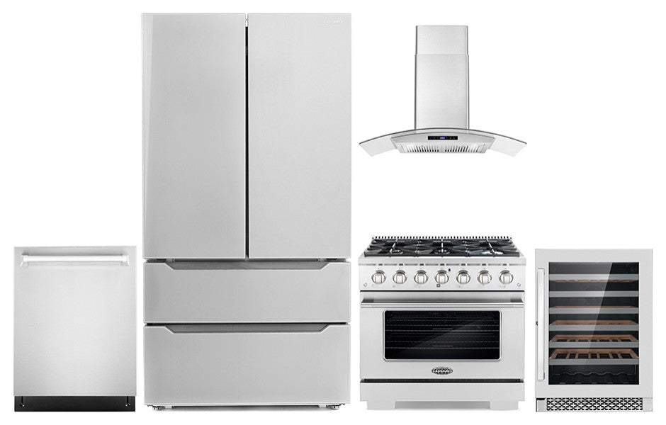 5-Piece Kitchen, 36" Freestanding Gas Range and 36" Wall Mount Range Hood