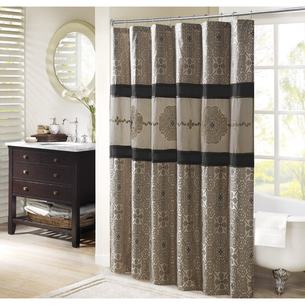 Madison Park Donovan Embroidered Shower Curtain, Black 72x72"