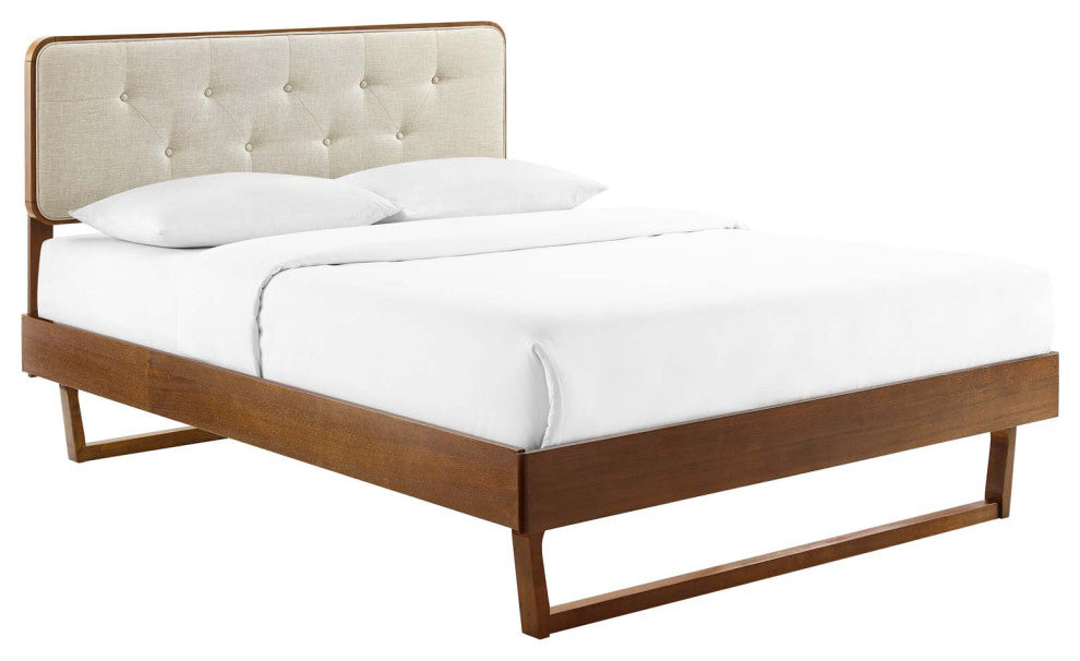 Bridgette Queen Wood Platform Bed With Angular Frame Walnut Beige