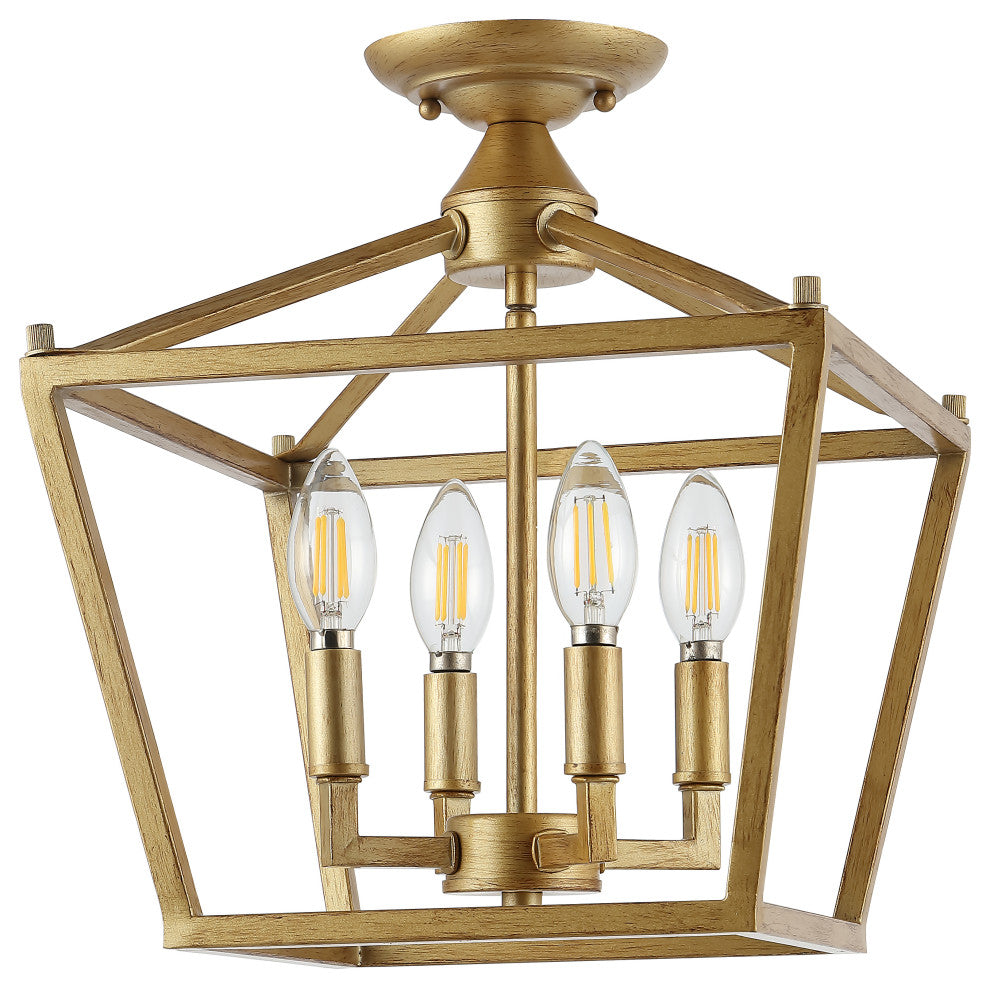 Plains Mini Lantern 12" 4-Light Iron Farmhouse LED Flush Mount, Brass Gold