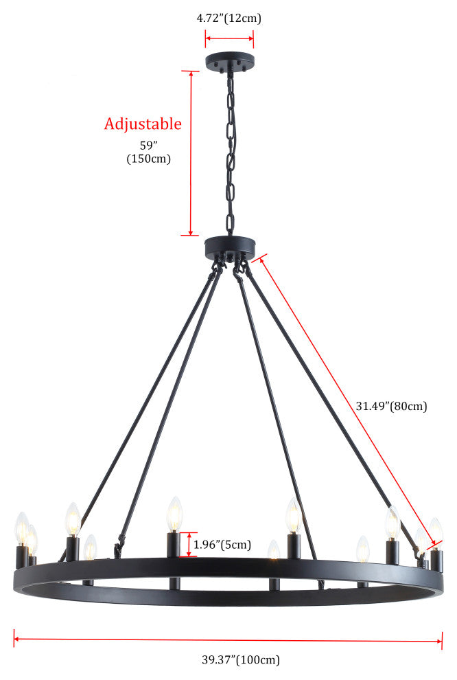 12-Light Wagon Wheel Black Pendant Chandelier