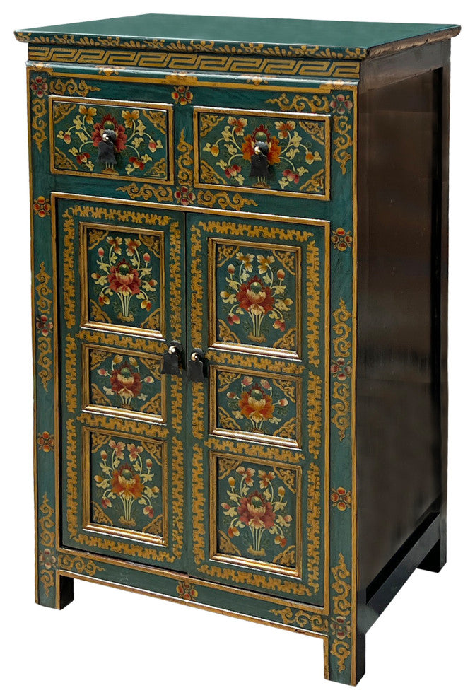 Distressed Teal Blue Green Tibetan Floral End Table Nightstand Cabinet Hcs7621