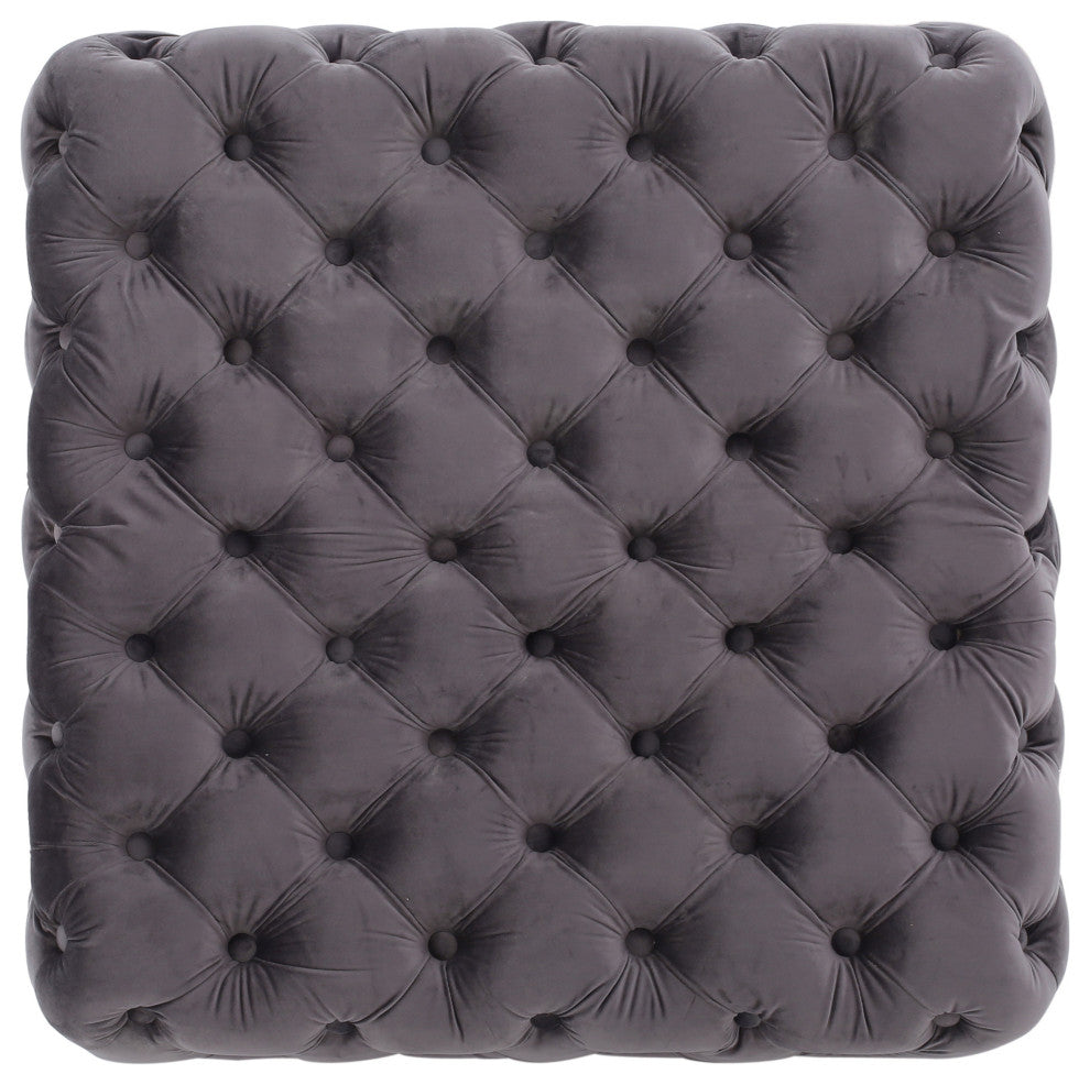 GDF Studio Provence Tufted New Velvet Fabric Ottoman Pouf, Gray