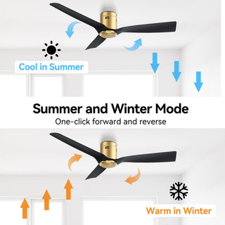 CARRO 52" 3 Blades Flush Mount Ceiling Fan with Remote Control No Light, Black/Gold