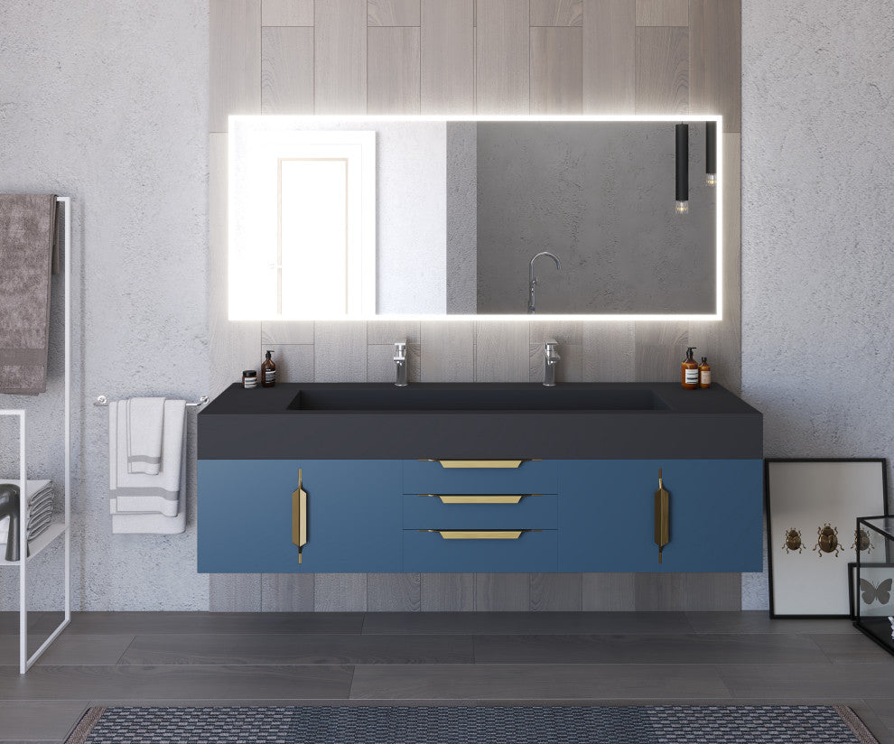 CastelloUSA Nile 72" Wall Mounted Bathroom Vanity Set, Blue, Black Top, Gold Handles