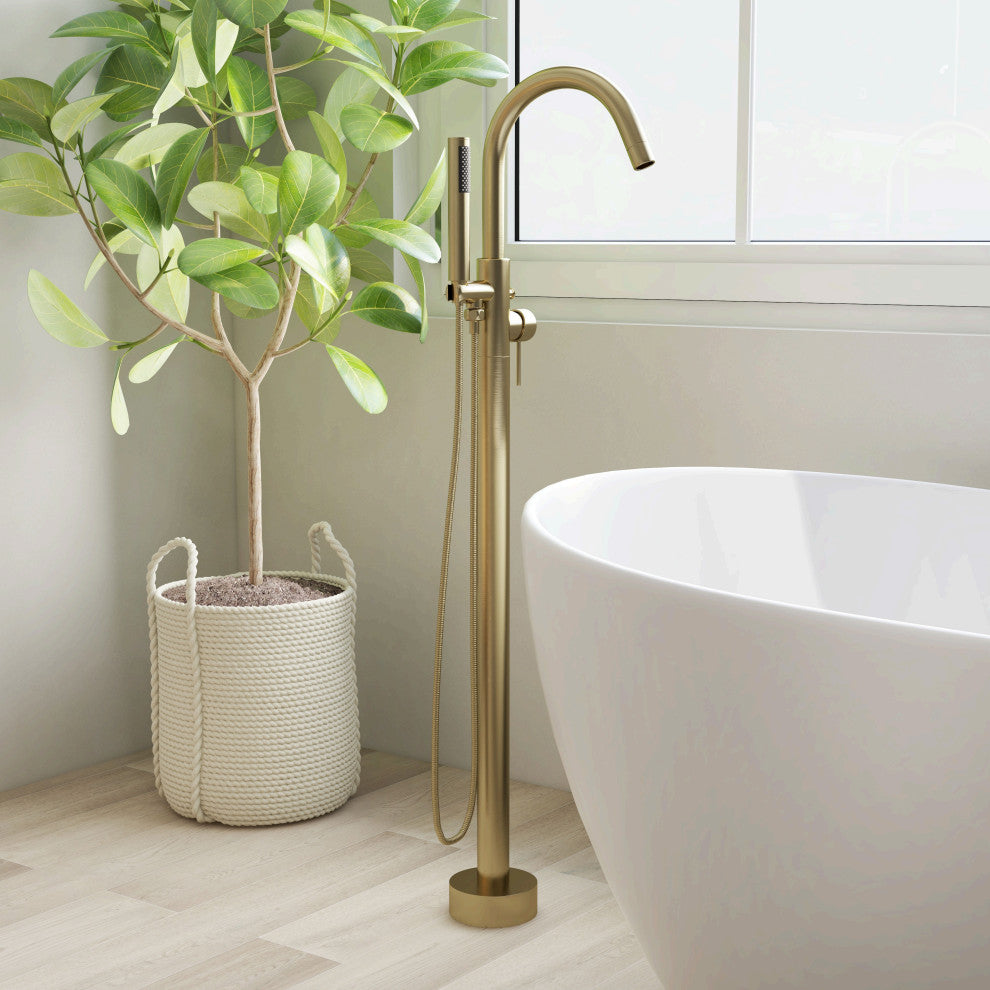 Freestanding Single Handle Tub Filler Faucet with Hand Shower, Brushed Gold