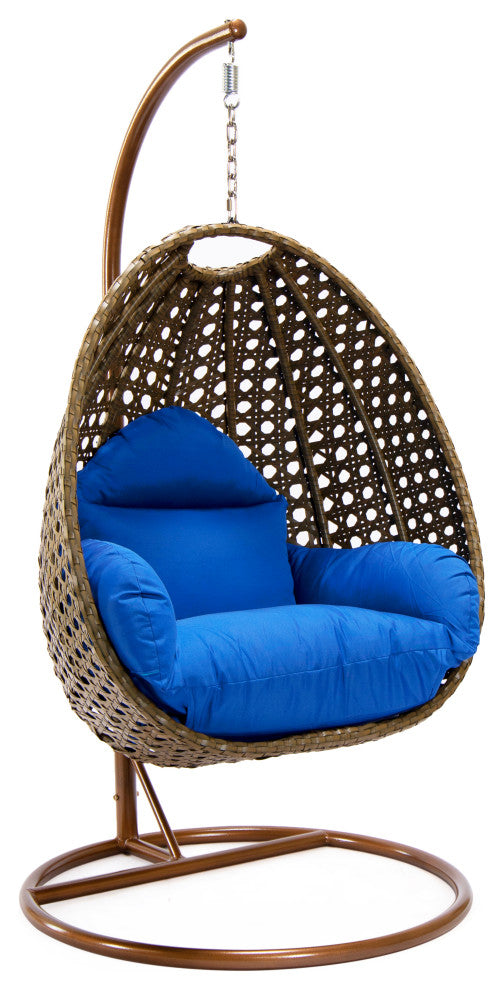 LeisureMod Beige Wicker Hanging Egg Swing Chair With Stand and Cushion, Blue