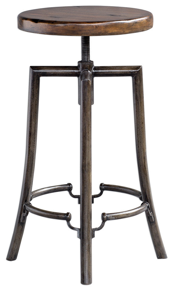 Round Industrial Antique Style Bar Stool, Adjustable Screw Seat Wood Steel Iron