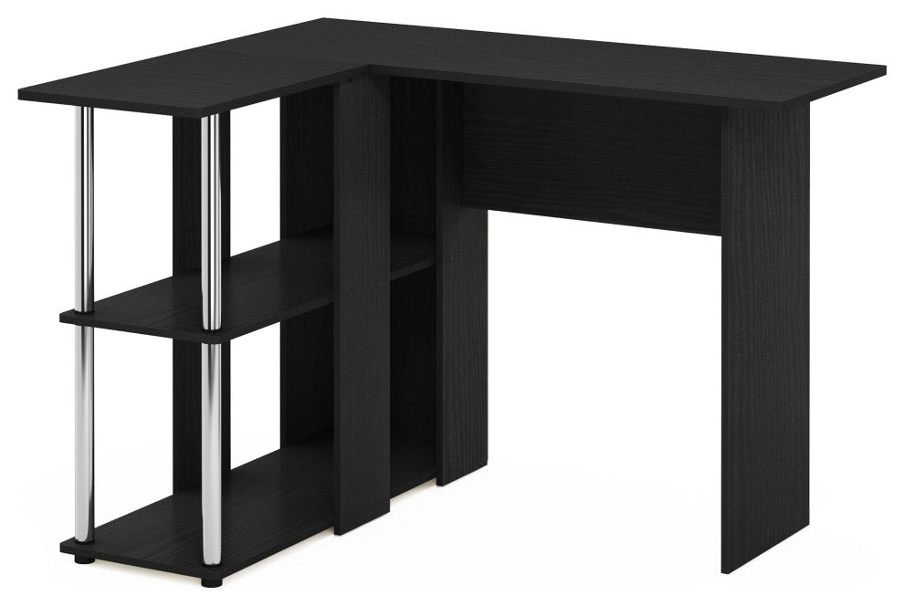 Furinno Abbott L-Shape Desk With Bookshelf Americano Stainless Steel Tubes