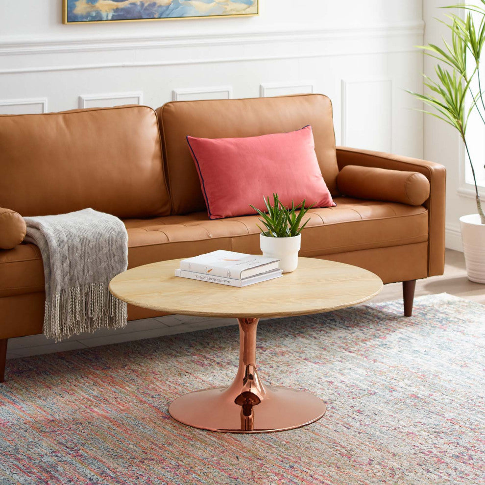 Coffee Table, Round, Wood, Metal, Rose Gold Brown Natural, Modern, Lounge